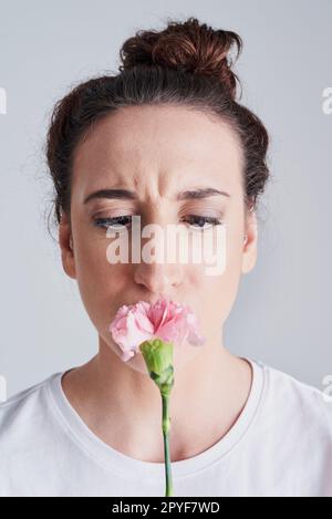 Was für ein einzigartiger Geruch. Studioaufnahme einer wunderschönen jungen Frau, die eine rosa Blume vor grauem Hintergrund riecht. Stockfoto