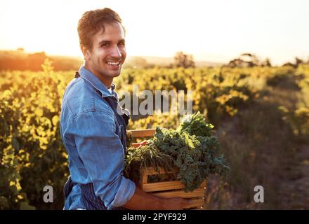 Es ist die Saison für ein paar Pflücken. Gekürztes Porträt eines gutaussehenden jungen Mannes, der eine Kiste voller frisch gepflückter Produkte auf einem Bauernhof hält. Stockfoto