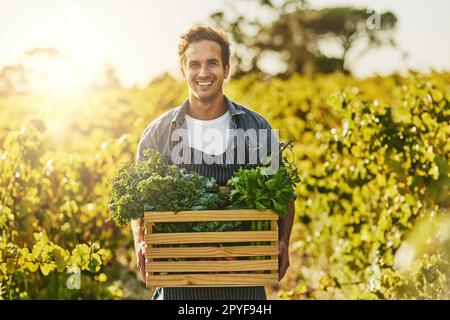 Es war eine gute Ernte. Ein junger Mann, der eine Kiste voller frisch gepflückter Produkte auf einem Bauernhof hält. Stockfoto