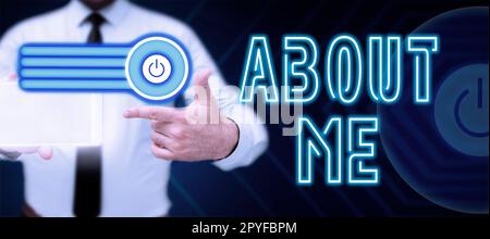 Textbeschriftung mit „über mich“. Unternehmensübersicht Meine persönlichen Eigenschaften Informationen „Gefällt mir“ und „Abneigung“ Stockfoto