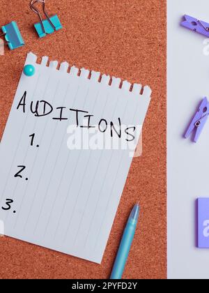 Schreiben mit Anzeige von Text Auditions. Ein Wort über eine Probevorstellung, um die Verdienste eines Entertainers zu bewerten Stockfoto