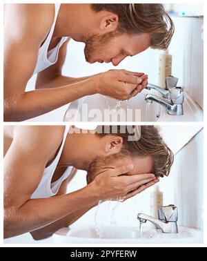 Ein erfrischender Start in den Tag. Ein junger Mann wäscht sich das Gesicht an einem Waschbecken im Bad. Stockfoto