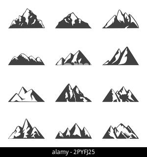 Bergset. Einfache Schwarzweiß-Symbole oder Designvorlagen. Reisen, Wandern, Camping. Vektor EPS8-Abbildung. Stockfoto