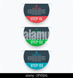 Infografik-Vorlage mit drei Optionen für den Materialentwurf. Es kann als Diagramm, nummeriertes Banner, Präsentation, Diagramm, Bericht, Webdesign Stockfoto