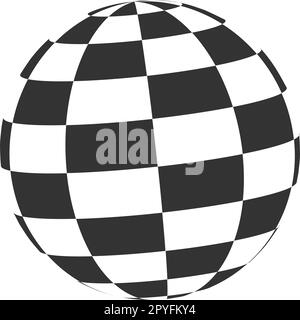 Karierter Globus. Ball mit schwarz-weißen Quadraten. 3D Kugelsymbol. Orbitamodell, kugelförmig, runde Schachbrettfigur Stock Vektor