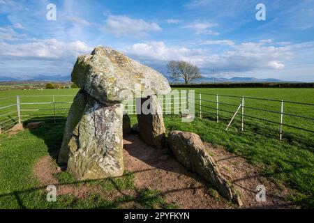 Bodowyr Grabkammer in der Nähe von Llangaffo auf der Insel Anglesey. Ein antikes monument der jungsteinzeit in Nordwales. Stockfoto