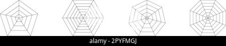 Pentagon-, Sechseck-, Heptagon- und Achteckdiagramme, aufgeteilt auf gleiche Segmente. Radar- oder Netzdiagramm, Lebensrad oder Gewohnheiten Tracker-Vorlage isoliert auf Stock Vektor