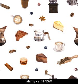 Kaffee und Dessert in Aquarellfarben mit nahtlosem Muster. Farbenfrohe Details mit vielen Objekten. Handgezeichnete Darstellung isoliert auf weißem Hintergrund. Perfekt Stockfoto