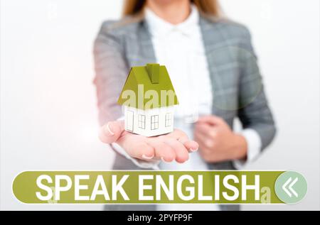 Textunterschrift mit englischen Sprachkenntnissen. Business Overview Lernen Sie eine andere Fremdsprache Online-Verbal-Kurse Stockfoto