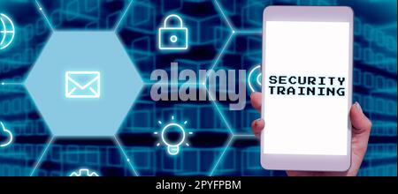 Textunterschrift zur Präsentation der Sicherheitsschulung. Word für die Bereitstellung von Schulungen zum Sicherheitsbewusstsein für Endbenutzer Stockfoto