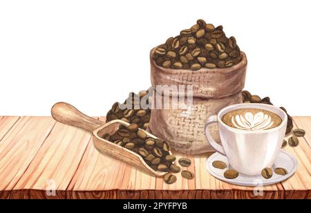 Aquarellsack mit braunen gerösteten Kaffeebohnen, Holzlöffel mit Körnern und Latte-Kaffee auf einem Holztisch. Handgezeichnete Illustration isoliert auf Weiß Stockfoto