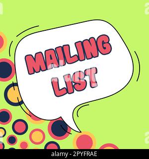 Unterschreiben Sie mit der Anzeige der Verteilerliste. Wort, das auf einer Liste von Personen steht, die eine regelmäßige Mailing-Verteilung abonnieren Stockfoto