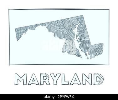 Eine Karte von Maryland. Handgezeichnete Grauskala-Karte des US-Bundesstaates. Regionen mit Hachurestreifen gefüllt. Vektordarstellung. Stock Vektor