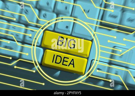 Textschild mit großer Idee. Konzeptfoto mit einer großartigen kreativen Innovationslösung oder Denkweise Stockfoto