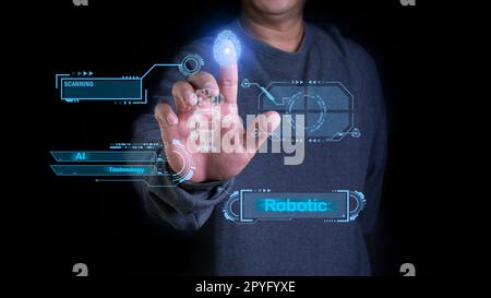 Eine Person drückt einen Fingerscan, um das AI-System zu aktivieren. KI-Systeme können Menschen dabei unterstützen, schneller und besser zu arbeiten. Stockfoto