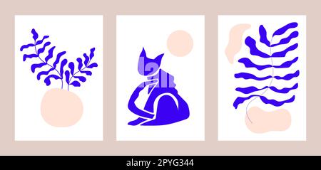 Inspirierte Matisse abstrakte Figuren Vektor. Blaue Katze, Werkszweig. Poster mit floraler Matisse Collage in modernem, minimalistischem Stil. Stock Vektor
