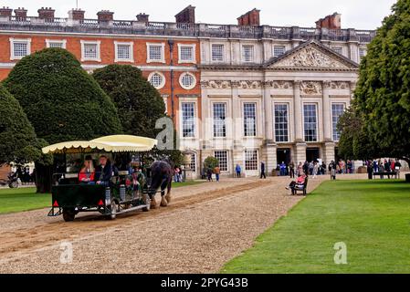 Shire Horses Pulling Tourist Carages - Hampton Court Palace, London, England, Großbritannien. 22. April 2023 Stockfoto