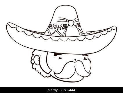 Süßes Gesicht eines kleinen Mannes - oder chaparro - mit Schnurrbart und Mariachi-Hut. Zeichnen Sie Konturen für die Farbgebung ein. Stock Vektor