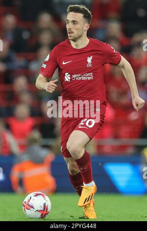 Liverpool, Großbritannien. 03. Mai 2023. Diogo Jota #20 von Liverpool bricht mit dem Ball während des Premier League-Spiels Liverpool gegen Fulham in Anfield, Liverpool, Großbritannien, 3. Mai 2023 (Foto von Mark Cosgrove/News Images) in Liverpool, Großbritannien, am 5./3. Mai 2023. (Foto: Mark Cosgrove/News Images/Sipa USA) Guthaben: SIPA USA/Alamy Live News Stockfoto