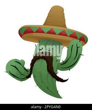 Mexikanischer Charakter eines grünen Kaktus mit großem Schnurrbart und Charro-Hut. Isoliertes Design mit Gradienteneffekt. Stock Vektor