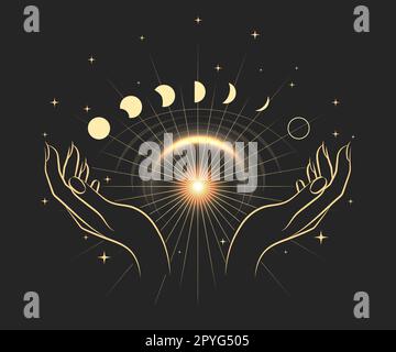 Esoterische Illustration von magischen Händen und Mondphasen isoliert auf schwarzem Hintergrund. Vektordarstellung. Stock Vektor