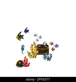 Meer, Meer, Schätze, Korallen, Fische, seepferdchen auf weißem Hintergrund, von Hand gezeichnet, perfekt für das Design von Postkarten, Broschüren, Kleidung, Geschirr Stockfoto