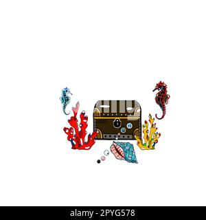 Meeresspiegel, Meeresspiegel, Muscheln, Schätze, Korallen, Fisch, Seepferdchen auf weißem Hintergrund, von Hand gezeichnet, perfekt für das Design von Postkarten, Broschüren, Kleidung Stockfoto