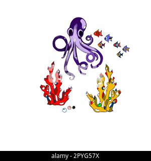 Seegang, Tintenfisch, Schätze, Korallen, Fische, seepferdchen auf weißem Hintergrund, von Hand gezeichnet, perfekt für das Design von Postkarten, Broschüren, Kleidung, Geschirr Stockfoto