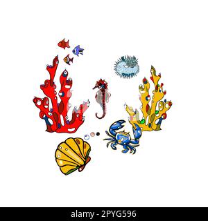 Meer, Meer, Schätze, Korallen, Fische, seepferdchen auf weißem Hintergrund, von Hand gezeichnet, perfekt für das Design von Postkarten, Broschüren, Kleidung, Geschirr Stockfoto