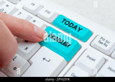 Handschriftliches Textvokabular. Business Showcase-Sammlung von Wörtern und Ausdrücken, die alphabetisch angeordnet und erklärt oder definiert sind Stockfoto