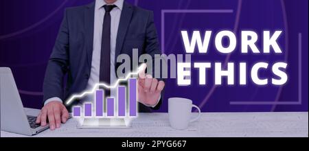 Text, der die Arbeitsethik für Inspiration zeigt. Unternehmen präsentieren Eine Reihe von Werten, die sich auf die Wichtigkeit der Arbeit konzentrieren Stockfoto