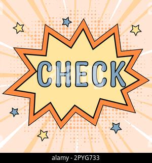 Textbeschriftung mit Scheck. Wort auf Markierung Klicken Sie auf ein Kästchen, um eine bestimmte Option auf einem Formular auszuwählen Stockfoto