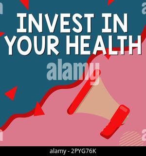 Schild zeigt Invest in Your Health. Word for Live A Healthy Lifestyle Quality Food for Wellness Stockfoto