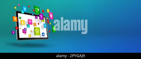 Fliegende Symbole um einen Tablet-PC herum. Cloud-Computing-Konzept. 3D-Abbildung isoliert auf blauem Hintergrund. Stockfoto