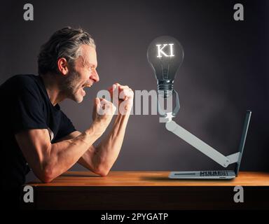 Der Mensch versucht, sich gegen die KI zu verteidigen Stockfoto