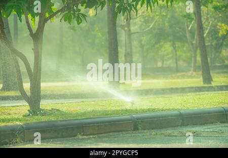 Automatischer Rasensprenger zur Bewässerung von grünem Gras an sonnigen Sommertagen. Sprinkler mit automatischer Anlage Gartenbewässerungssystem zur Bewässerung des Rasens. Wartung und Instandhaltung der Sprinkler Weltumwelttag. Stockfoto