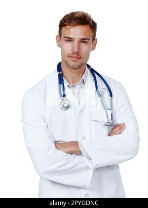 Ihre Gesundheit hat für mich Priorität. Studioporträt eines jungen männlichen Arztes isoliert auf Weiß. Stockfoto