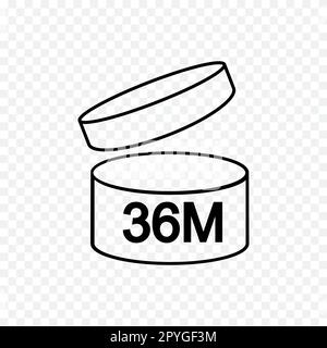 PAO-Symbol für 36 Monat oder 3 Jahre. Becher mit offenem Deckel und 36m-Markierung. Frischheitszeit des Produkts. Zeitraum nach dem Öffnen des Schilds. Kosmetik, Shampoo, Make-up-Gültigkeit Stock Vektor