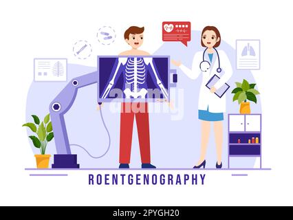 Röntgendarstellung mit Durchleuchtungs-Body-Check-Verfahren, Röntgen-Scanning oder Röntgen in Health Care Flat Cartoon handgezeichnete Vorlagen Stockfoto