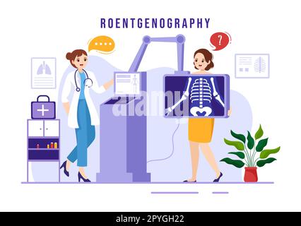 Röntgendarstellung mit Durchleuchtungs-Body-Check-Verfahren, Röntgen-Scanning oder Röntgen in Health Care Flat Cartoon handgezeichnete Vorlagen Stockfoto