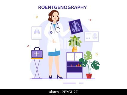 Röntgendarstellung mit Durchleuchtungs-Body-Check-Verfahren, Röntgen-Scanning oder Röntgen in Health Care Flat Cartoon handgezeichnete Vorlagen Stockfoto