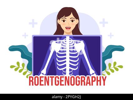 Röntgendarstellung mit Durchleuchtungs-Body-Check-Verfahren, Röntgen-Scanning oder Röntgen in Health Care Flat Cartoon handgezeichnete Vorlagen Stockfoto