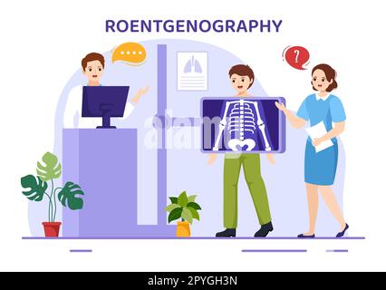 Röntgendarstellung mit Durchleuchtungs-Body-Check-Verfahren, Röntgen-Scanning oder Röntgen in Health Care Flat Cartoon handgezeichnete Vorlagen Stockfoto