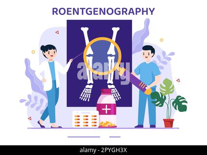 Röntgendarstellung mit Durchleuchtungs-Body-Check-Verfahren, Röntgen-Scanning oder Röntgen in Health Care Flat Cartoon handgezeichnete Vorlagen Stockfoto