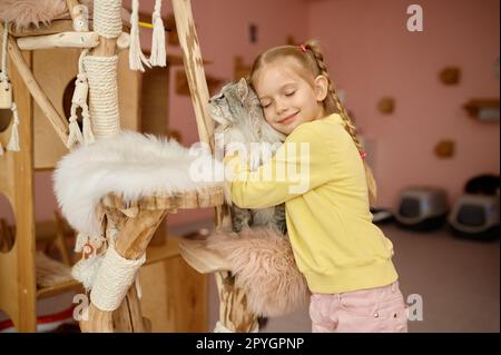 Glückliches lächelndes Mädchen, das flauschige Katze streichelt und Spaß im Tierheim hat Stockfoto