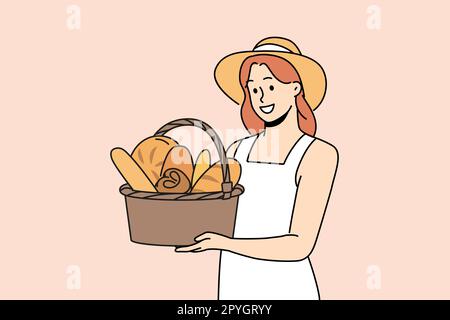 Lächelnde Frau in Strohhut, die einen Korb mit Brot hält. Glückliches Mädchen, das frisches Gebäck in den Händen hält. Bäckerei und Bäckereikonzept. Vektordarstellung. Stockfoto