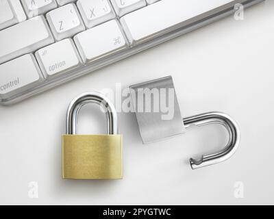 Computersicherheitskonzept. Entriegeltes Vorhängeschloss auf der Laptop-Tastatur. Stockfoto