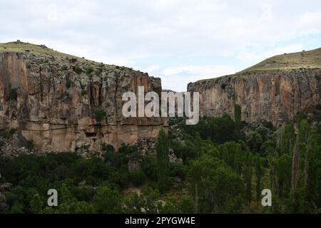 Blick auf das Ihlara-Tal mit Klippenrand und Wald in Aksaray, Zentralanatolien, Türkei Stockfoto