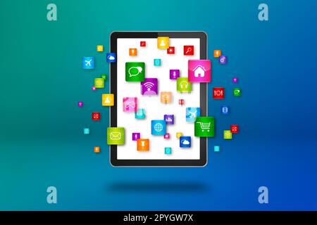 Fliegende Symbole um einen Tablet-PC herum. Cloud-Computing-Konzept. 3D-Abbildung isoliert auf blauem Hintergrund. Stockfoto