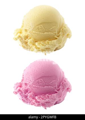 Erdbeere, Vanilleeis auf weißem Hintergrund Stockfoto